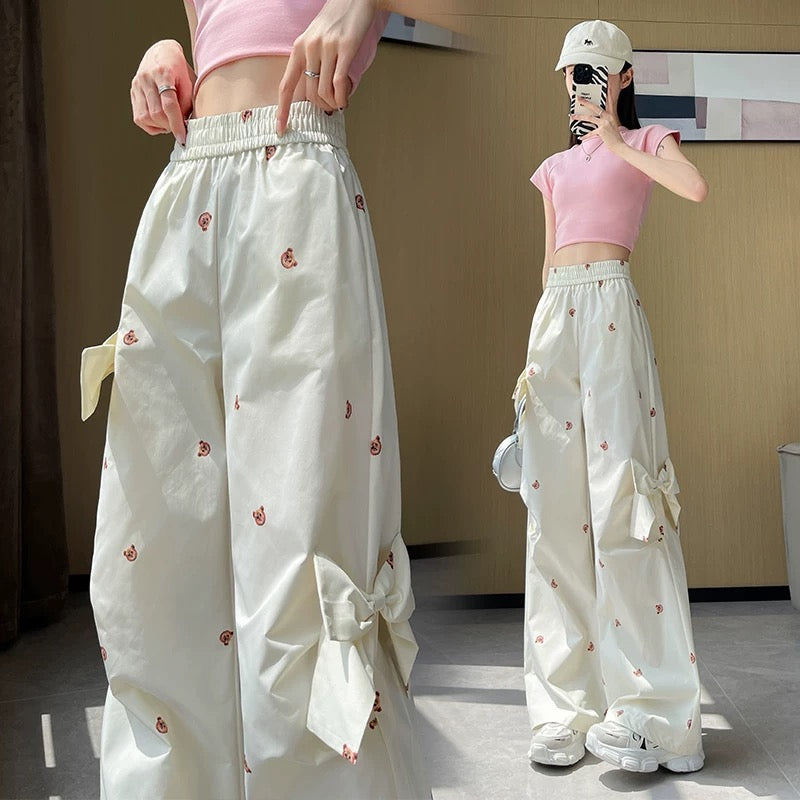 White sweet and spicy overalls women's summer thin bow bear print quick-drying casual pants high waist wide leg pants