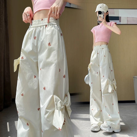White sweet and spicy overalls women's summer thin bow bear print quick-drying casual pants high waist wide leg pants