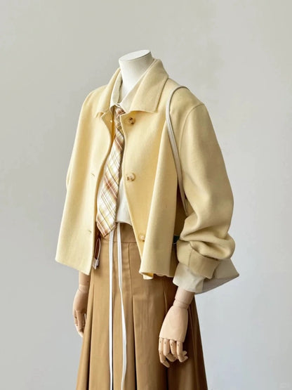 2024 winter cream yellow short Korean version loose woolen coat female college style wear temperament stylish woolen coat