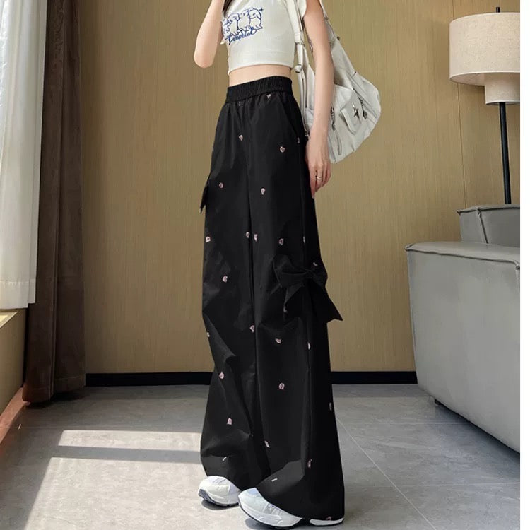 White sweet and spicy overalls women's summer thin bow bear print quick-drying casual pants high waist wide leg pants