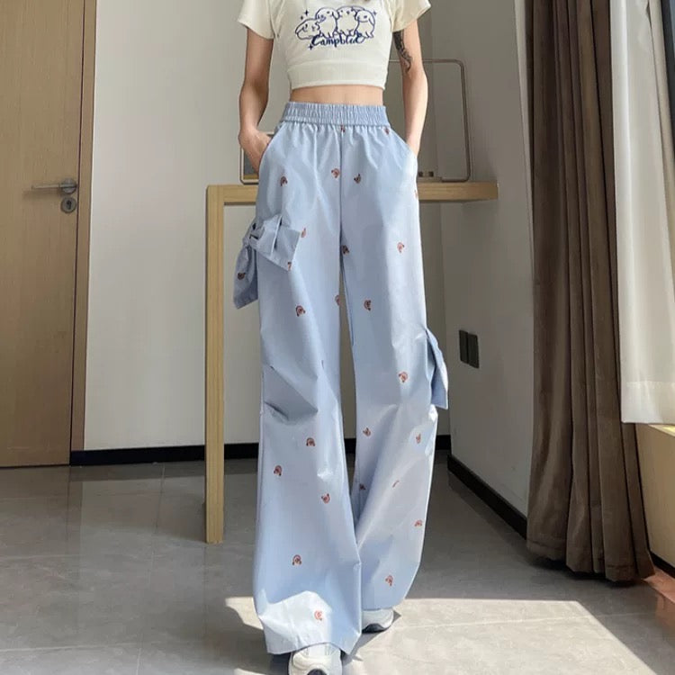 White sweet and spicy overalls women's summer thin bow bear print quick-drying casual pants high waist wide leg pants
