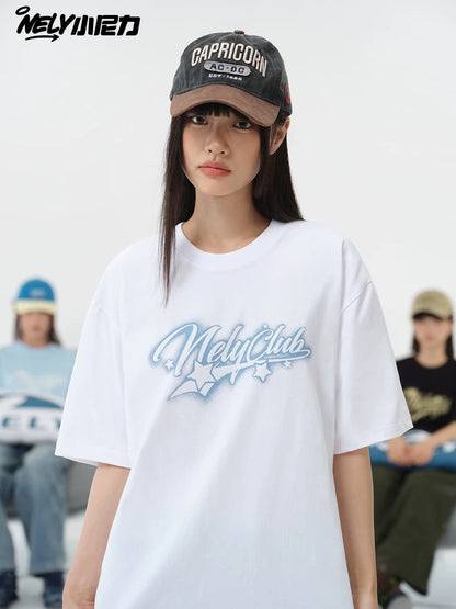 NELY American style star letter pure cotton short-sleeved T-shirt men and women 2025 summer new all-match half-sleeved top