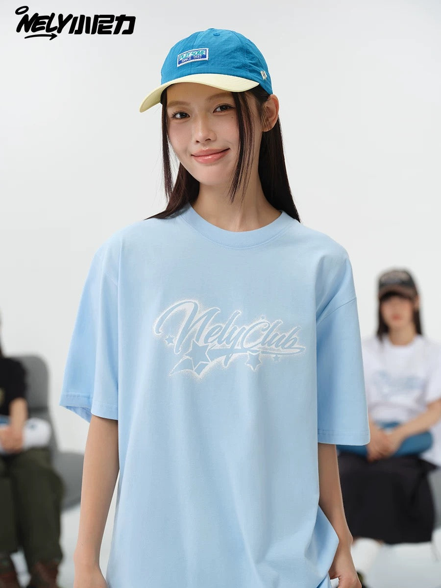 NELY American style star letter pure cotton short-sleeved T-shirt men and women 2025 summer new all-match half-sleeved top