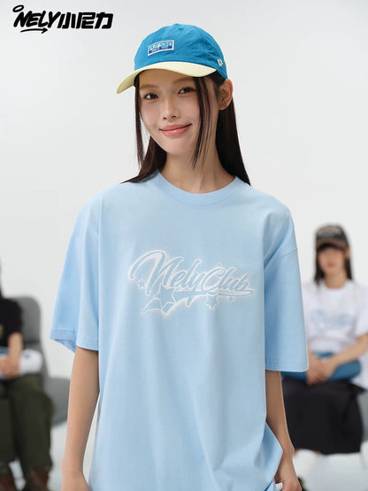 NELY American style star letter pure cotton short-sleeved T-shirt men and women 2025 summer new all-match half-sleeved top