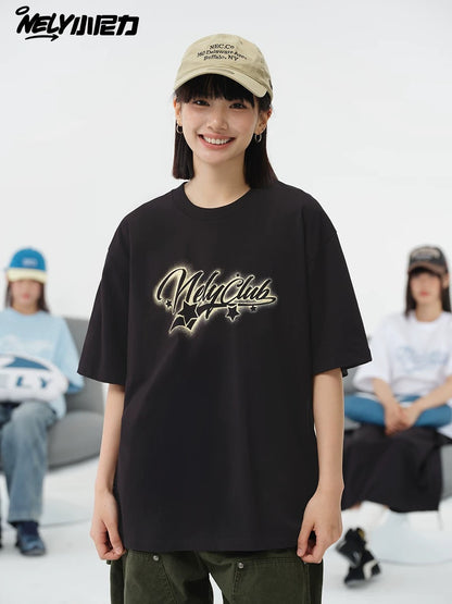 NELY American style star letter pure cotton short-sleeved T-shirt men and women 2025 summer new all-match half-sleeved top