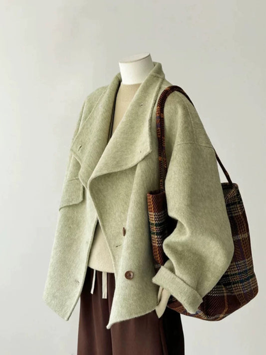Large size women's fresh green short large lapel double-sided woolen coat women 2025 winter commuting versatile coat