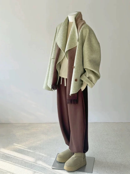 Large size women's fresh green short large lapel double-sided woolen coat women 2025 winter commuting versatile coat