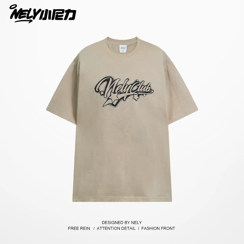 NELY American style star letter pure cotton short-sleeved T-shirt men and women 2025 summer new all-match half-sleeved top