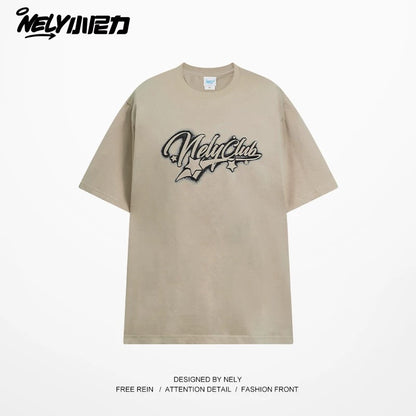 NELY American style star letter pure cotton short-sleeved T-shirt men and women 2025 summer new all-match half-sleeved top