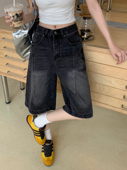 PPHOME American retro black and gray denim mid-length pants for women in spring and summer, small high waist straight wide-leg pants, six-point pants
