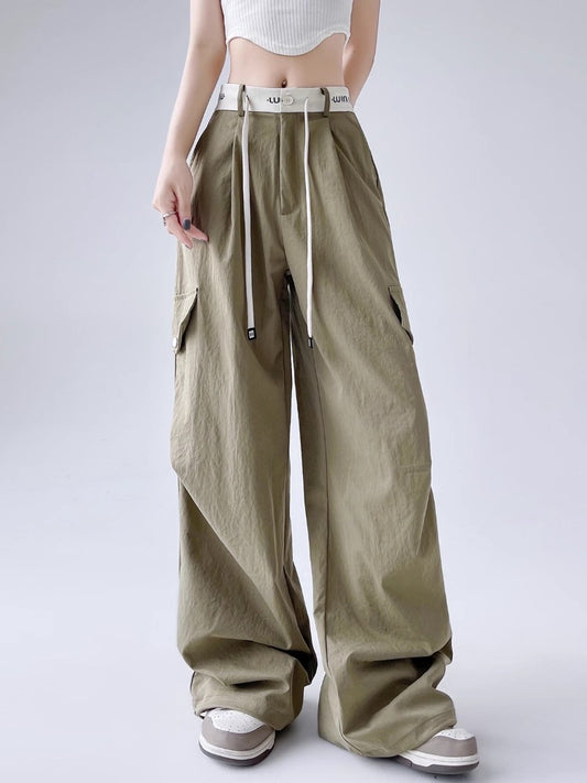 American thin high street overalls for women summer high waist loose two-wear casual sports pants with cuffs and drape wide leg pants