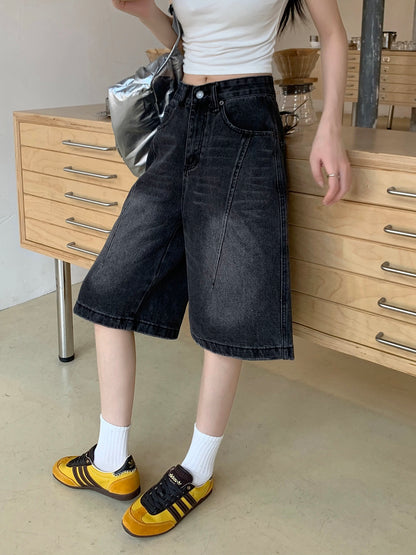 PPHOME American retro black and gray denim mid-length pants for women in spring and summer, small high waist straight wide-leg pants, six-point pants