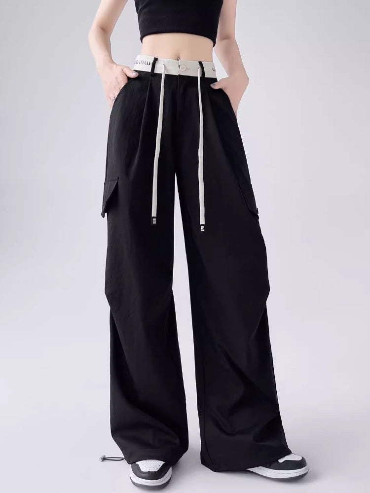 American thin high street overalls for women summer high waist loose two-wear casual sports pants with cuffs and drape wide leg pants