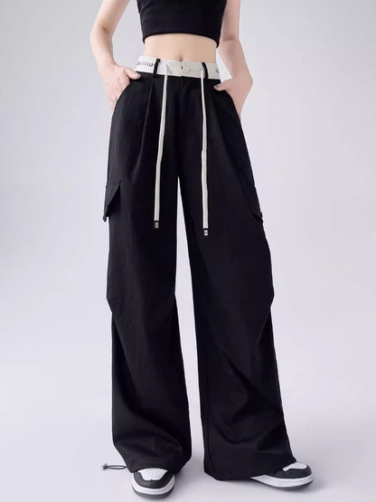 American thin high street overalls for women summer high waist loose two-wear casual sports pants with cuffs and drape wide leg pants