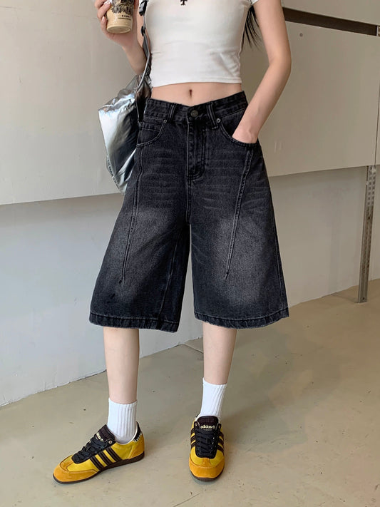 PPHOME American retro black and gray denim mid-length pants for women in spring and summer, small high waist straight wide-leg pants, six-point pants