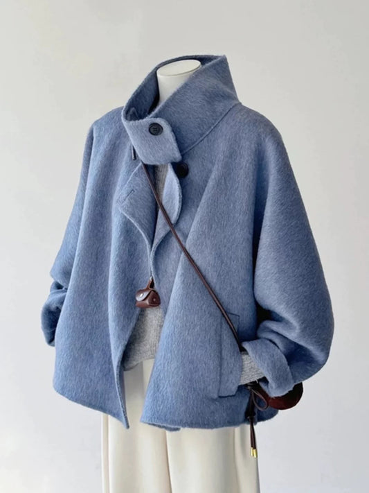 Plus size women's winter high-end blue petite double-faced woolen short coat female Korean style stand collar coat trend