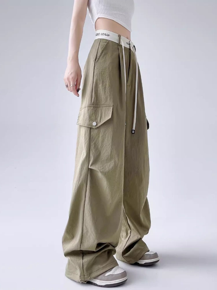 American thin high street overalls for women summer high waist loose two-wear casual sports pants with cuffs and drape wide leg pants