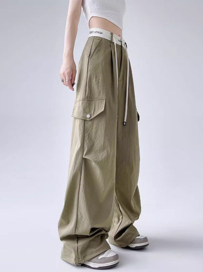 American thin high street overalls for women summer high waist loose two-wear casual sports pants with cuffs and drape wide leg pants