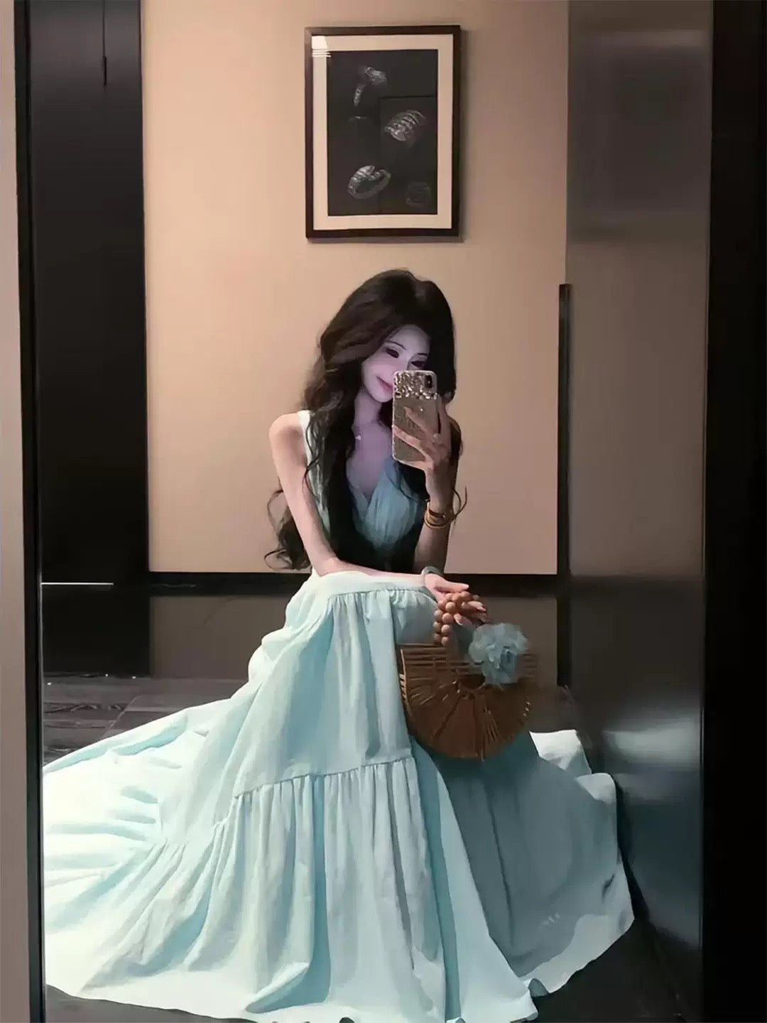 A beautiful, sophisticated, and elegant mint green French-style dress perfect for early summer, perfect for a beach vacation.