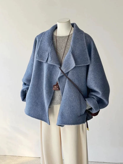 Plus size women's winter high-end blue petite double-faced woolen short coat female Korean style stand collar coat trend