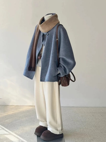 Plus size women's winter high-end blue petite double-faced woolen short coat female Korean style stand collar coat trend