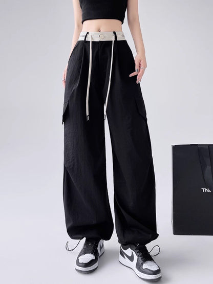 American thin high street overalls for women summer high waist loose two-wear casual sports pants with cuffs and drape wide leg pants