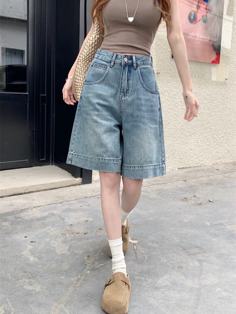 PPHOME retro washed five-point jeans for women in summer, small high waist wide leg pants, casual all-match shorts