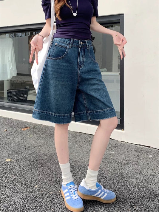 PPHOME retro washed five-point jeans for women in summer, small high waist wide leg pants, casual all-match shorts