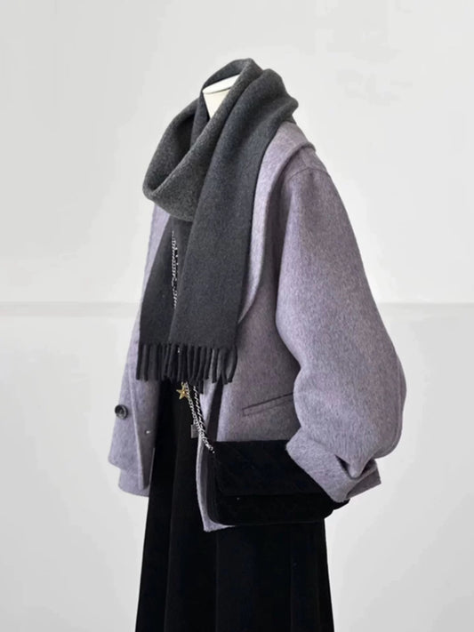 Plus size women's purple high-end petite plush coat 2025 autumn and winter temperament short double-faced wool coat