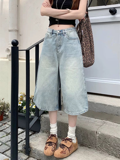 PPHOME retro American high street seven-point jeans for women spring and summer high-end high waist mid-length pants straight wide-leg pants