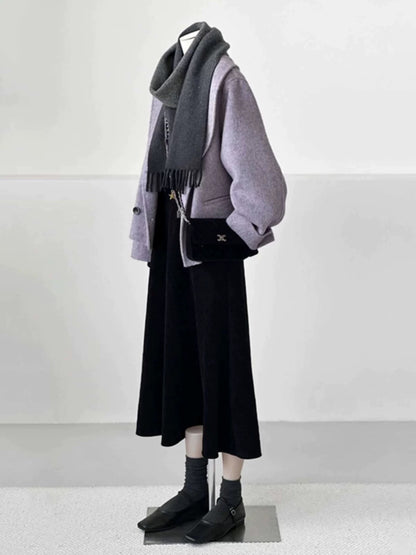 Plus size women's purple high-end petite plush coat 2025 autumn and winter temperament short double-faced wool coat
