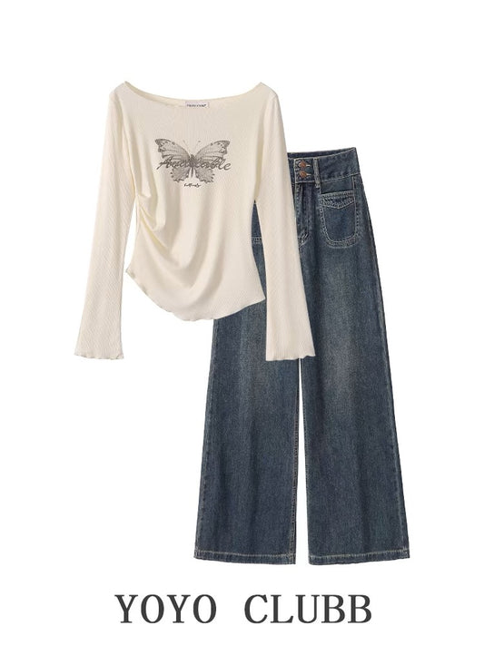 YOYO CLUBB butterfly print irregular long-sleeved T-shirt autumn high-waisted wide-leg jeans high-end suit