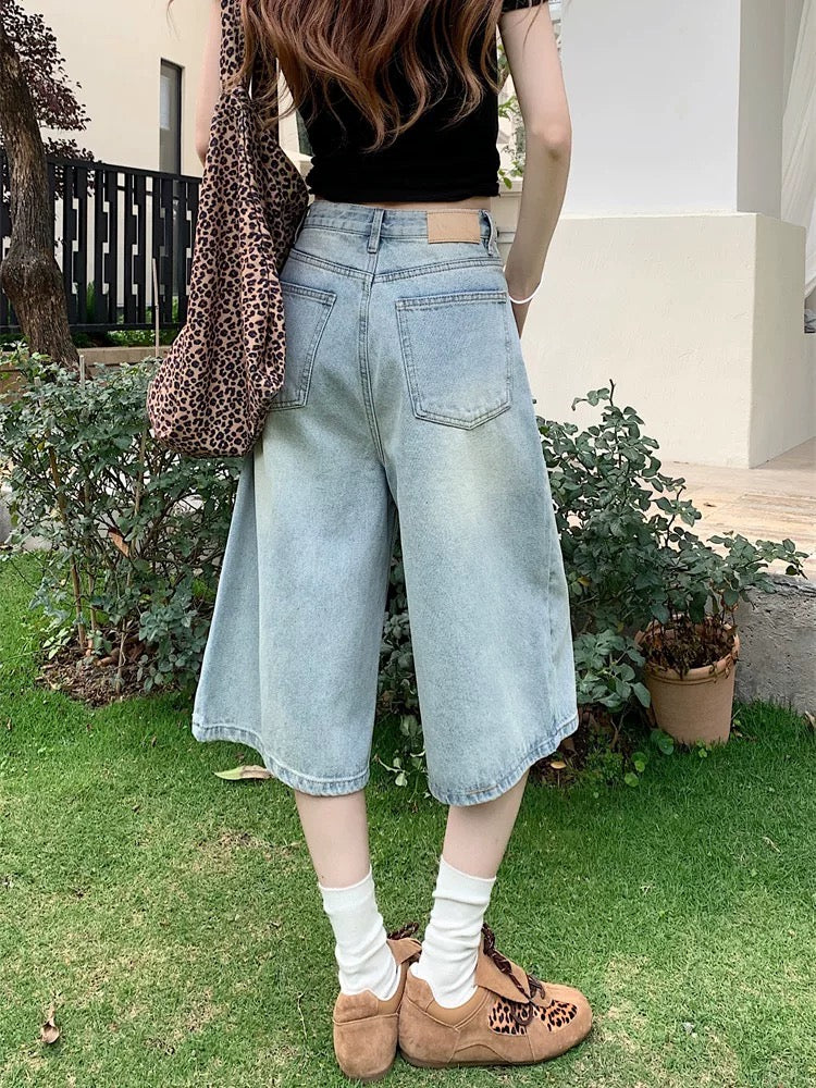 PPHOME retro American high street seven-point jeans for women spring and summer high-end high waist mid-length pants straight wide-leg pants