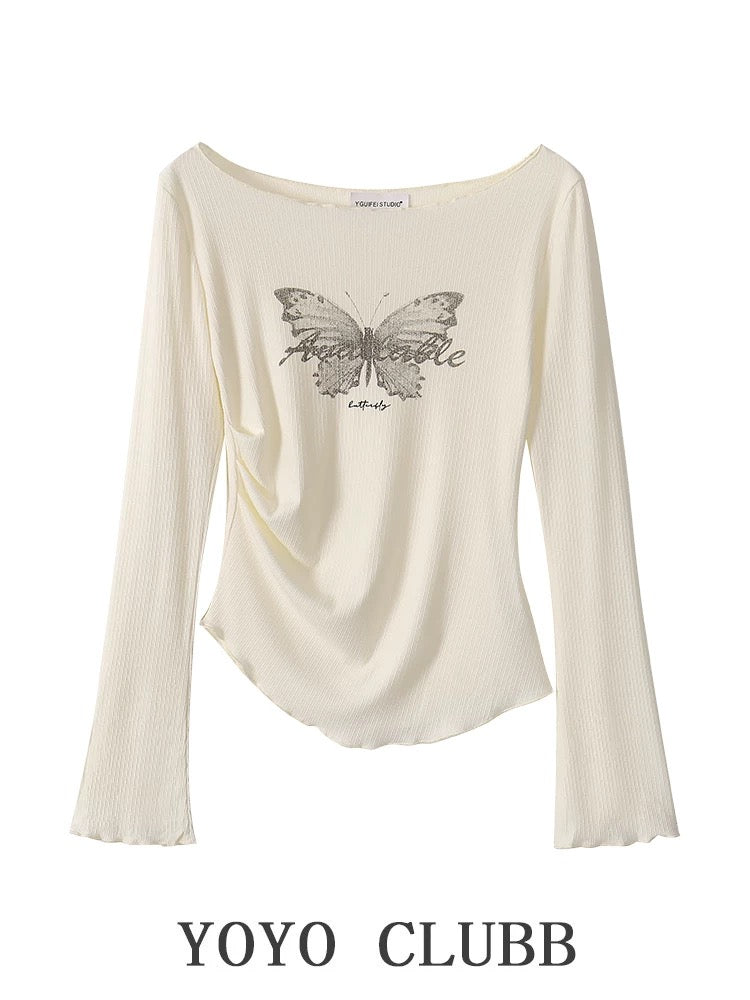 YOYO CLUBB butterfly print irregular long-sleeved T-shirt autumn high-waisted wide-leg jeans high-end suit