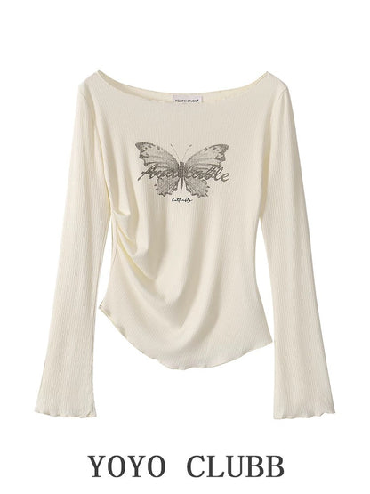 YOYO CLUBB butterfly print irregular long-sleeved T-shirt autumn high-waisted wide-leg jeans high-end suit