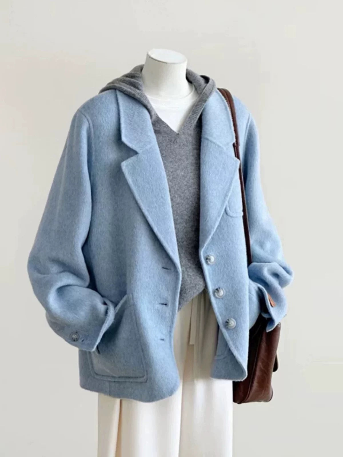Plus size women's gentle style woolen coat women 2025 autumn and winter new blue suit collar simple commuter short coat