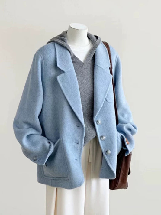 Plus size women's gentle style woolen coat women 2025 autumn and winter new blue suit collar simple commuter short coat