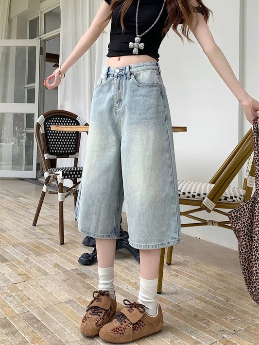 PPHOME retro American high street seven-point jeans for women spring and summer high-end high waist mid-length pants straight wide-leg pants