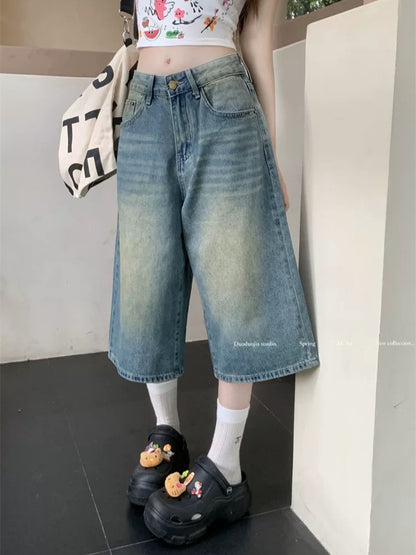 PPHOME American retro washed denim cropped trousers for women summer high waist straight wide leg trousers distressed versatile mid-length trousers