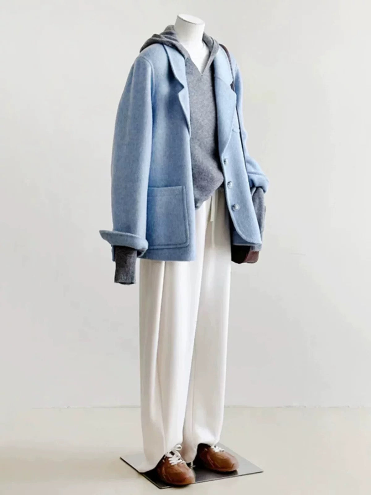 Plus size women's gentle style woolen coat women 2025 autumn and winter new blue suit collar simple commuter short coat