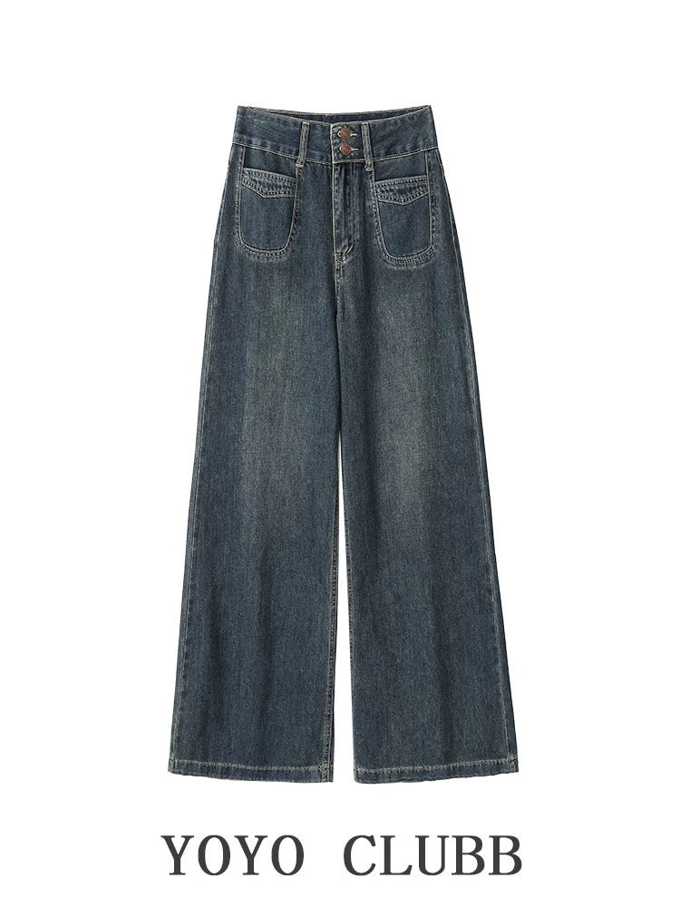 YOYO CLUBB butterfly print irregular long-sleeved T-shirt autumn high-waisted wide-leg jeans high-end suit