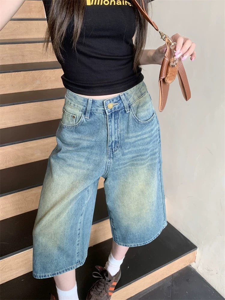PPHOME American retro washed denim cropped trousers for women summer high waist straight wide leg trousers distressed versatile mid-length trousers