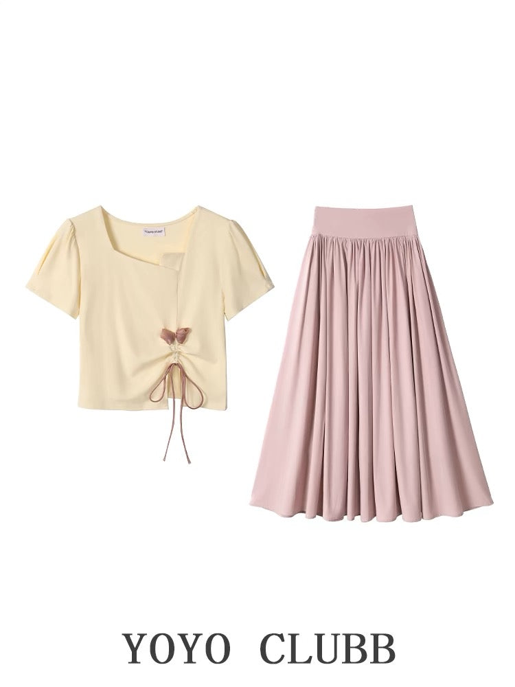 YOYO CLUBB irregular square neck short-sleeved T-shirt high-waisted A-line skirt pants this year's popular summer suit for women