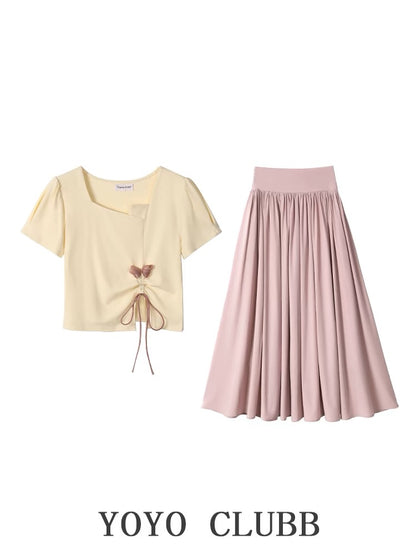 YOYO CLUBB irregular square neck short-sleeved T-shirt high-waisted A-line skirt pants this year's popular summer suit for women