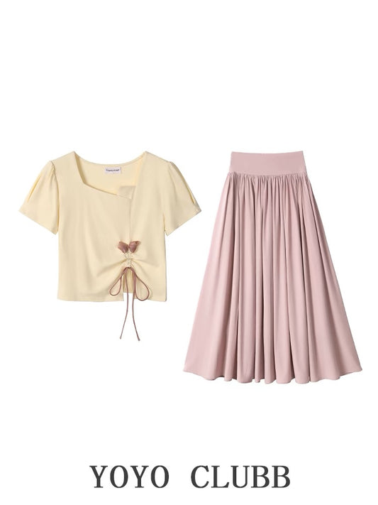 YOYO CLUBB irregular square neck short-sleeved T-shirt high-waisted A-line skirt pants this year's popular summer suit for women