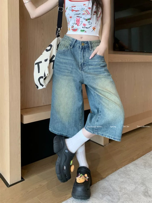 PPHOME American retro washed denim cropped trousers for women summer high waist straight wide leg trousers distressed versatile mid-length trousers