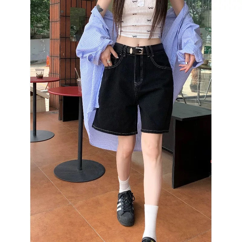 PPHOME fashion retro ~ classic versatile denim shorts women's high waist straight wide leg pants casual pants shorts