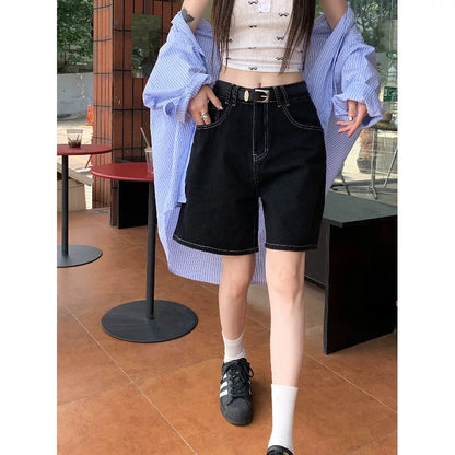 PPHOME fashion retro ~ classic versatile denim shorts women's high waist straight wide leg pants casual pants shorts