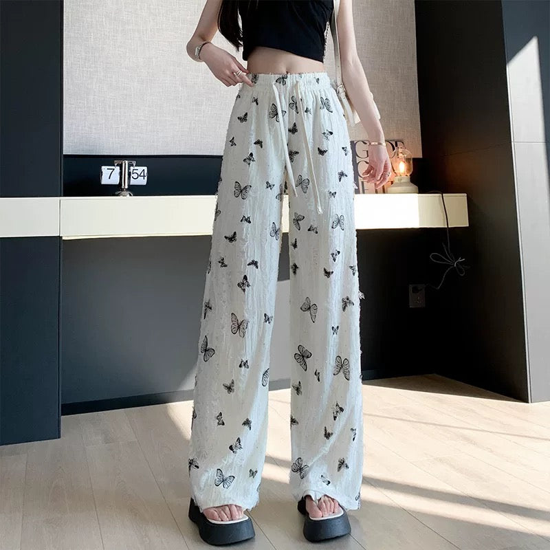 Pink ripped rhinestone butterfly print wide-leg pants for women 2025 summer temperament high waist straight loose casual trousers