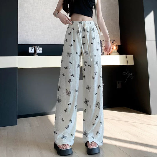 Pink ripped rhinestone butterfly print wide-leg pants for women 2025 summer temperament high waist straight loose casual trousers